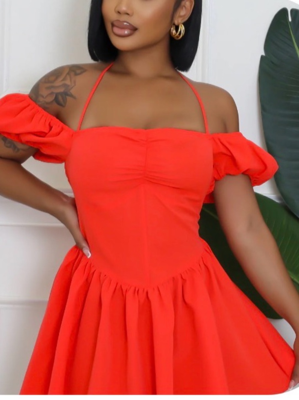 Orange Off-Shoulder Summer Dress with Puff Sleeves